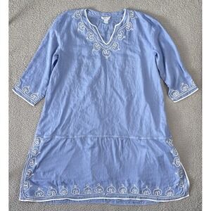 Soft Surroundings Linen Midi Dress Wpmens 3x Embroidered Blue Kaftan Boho Resort